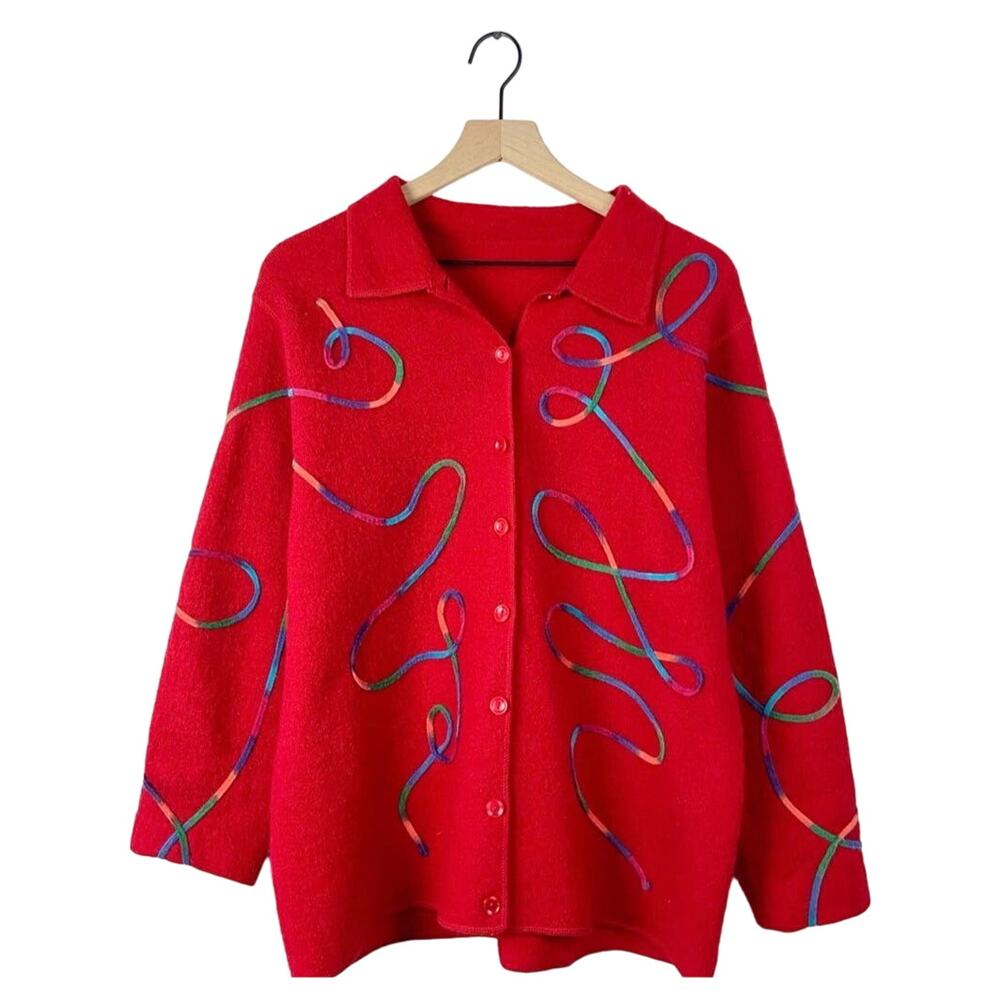Vintage red button front art to wear colorful sweater jacket